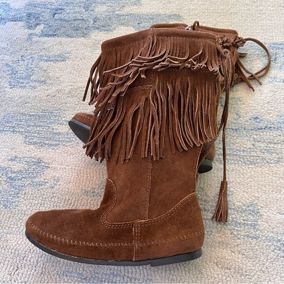 MINNETONKA FRINGE BOOTS ADJUSTABLE LACES ZIPPER BROWN SIZE 7 HANDMADE - Picture 4 of 10
